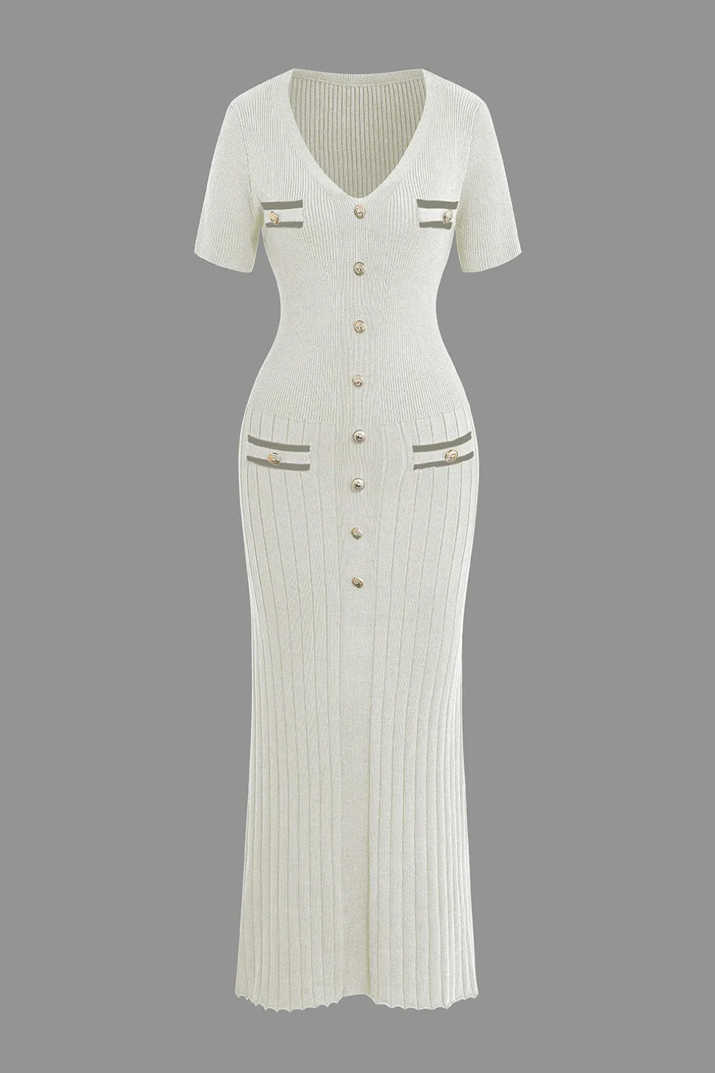 Ribbed Knit V-neck Midi Dress