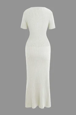 Ribbed Knit V-neck Midi Dress
