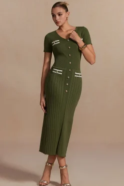 Ribbed Knit V-neck Midi Dress
