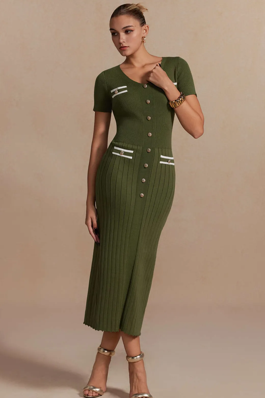 Ribbed Knit V-neck Midi Dress