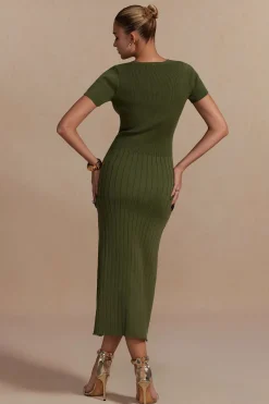 Ribbed Knit V-neck Midi Dress