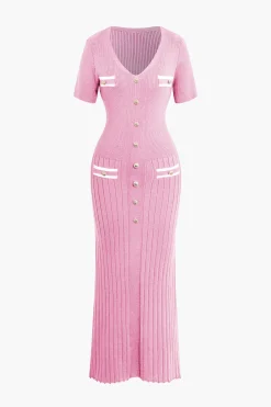 Ribbed Knit V-neck Midi Dress