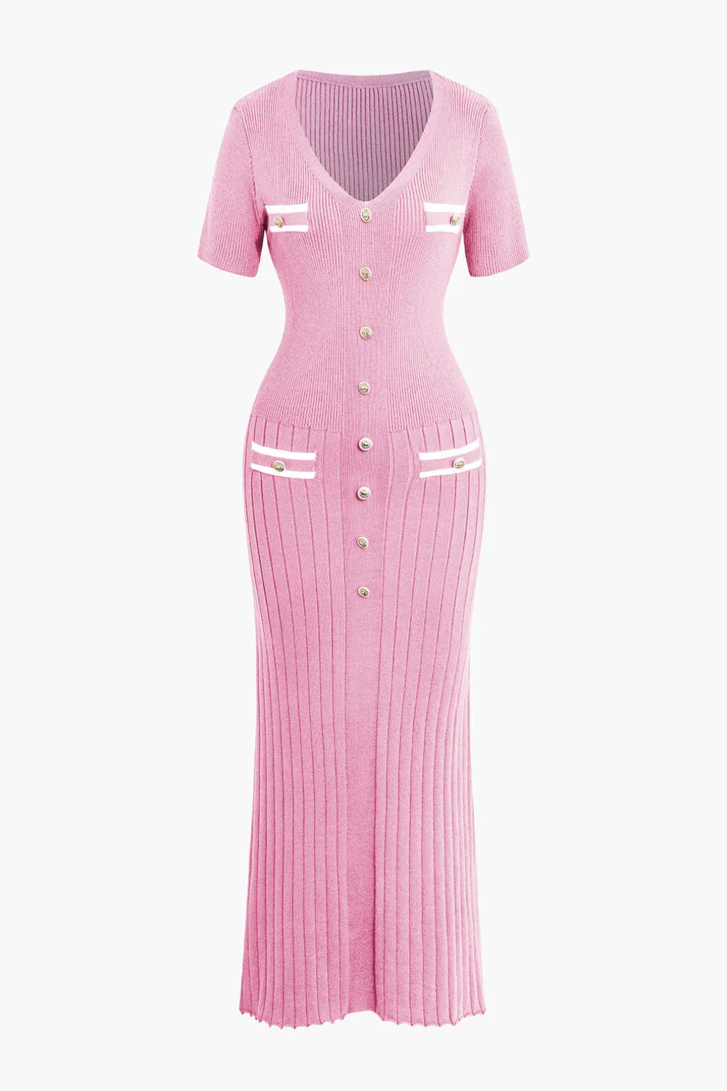 Ribbed Knit V-neck Midi Dress