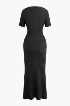 Ribbed Knit V-neck Midi Dress