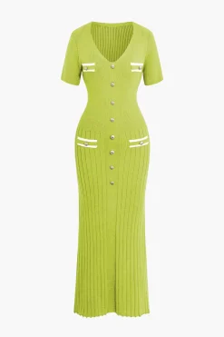 Ribbed Knit V-neck Midi Dress