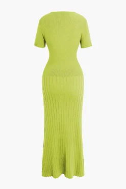 Ribbed Knit V-neck Midi Dress