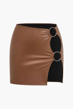 Ring Detail Faux Leather Cutout Mini Skirt