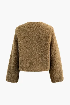 Round Neck Fleece Zip Up Long Sleeve Coat
