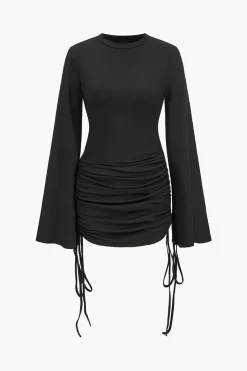 Round Neck Ruched Drawstring Bell Long Sleeve Mini Dress