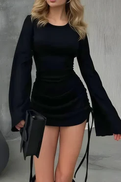 Round Neck Ruched Drawstring Bell Long Sleeve Mini Dress