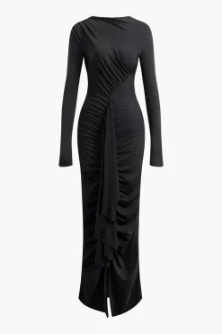 Round Neck Ruched Slit Long Sleeve Maxi Dress