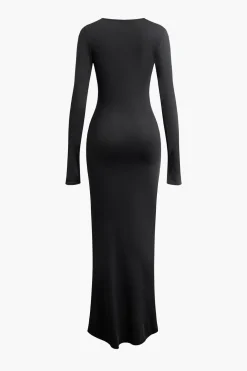 Round Neck Ruched Slit Long Sleeve Maxi Dress
