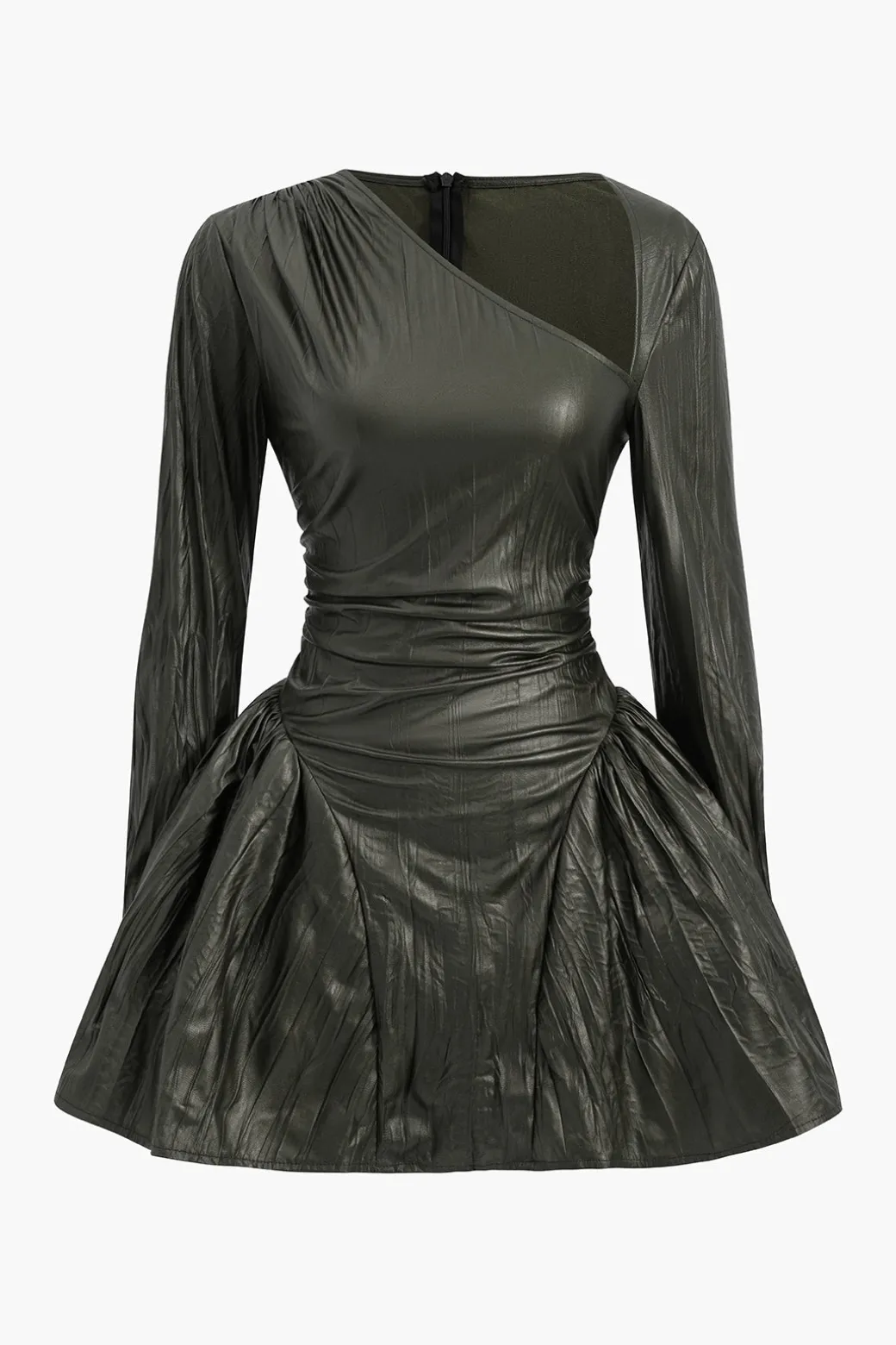 Ruched Asymmetrical Long Sleeve Mini Dress
