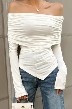Ruched Asymmetrical Off Shoulder Long-Sleeve Top