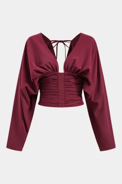 Ruched Backless Tie Back Long-Sleeve Shirt