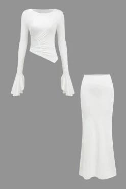 Ruched Bell Sleeve Top And Skirt Set