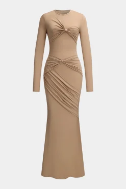 Ruched Bow Round Neck Long Sleeve Maxi Dress