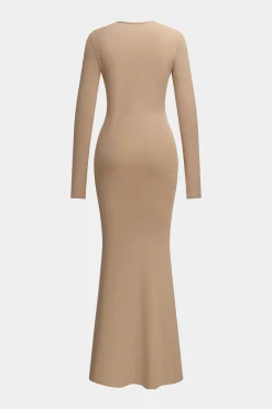 Ruched Bow Round Neck Long Sleeve Maxi Dress