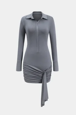 Ruched Button Long Sleeve Mini Dress