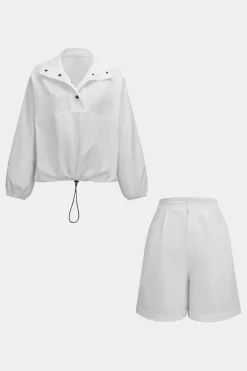 Ruched Drawstring Button Long-Sleeve Top And Shorts Set