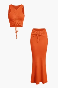 Ruched Drawstring Tank Top And Mermaid Maxi Skirt Set