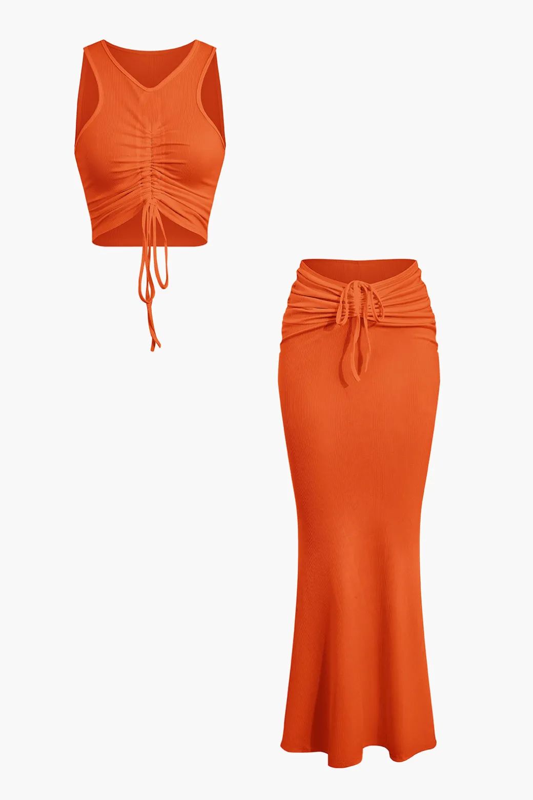 Ruched Drawstring Tank Top And Mermaid Maxi Skirt Set