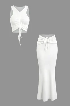 Ruched Drawstring Tank Top And Mermaid Maxi Skirt Set
