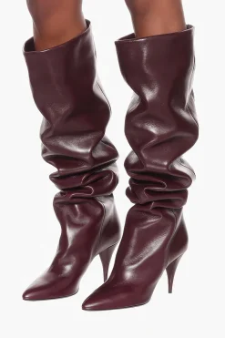 Ruched Faux Leather Pointed Toe Knee High Boots