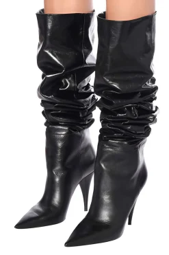 Ruched Faux Leather Pointed Toe Knee High Boots