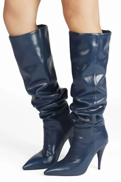 Ruched Faux Leather Pointed Toe Knee High Boots