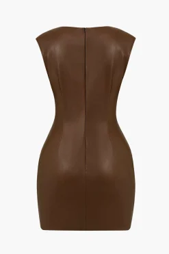 Ruched Faux Leather V-Neck Bodycon Mini Dress