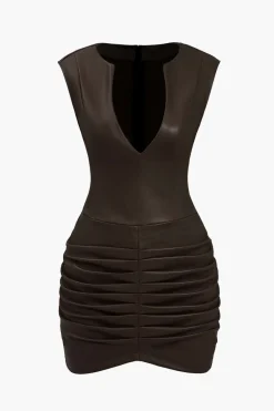 Ruched Faux Leather V-Neck Bodycon Mini Dress