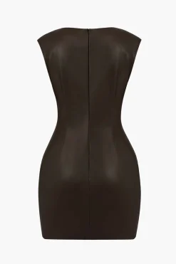 Ruched Faux Leather V-Neck Bodycon Mini Dress