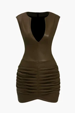 Ruched Faux Leather V-Neck Bodycon Mini Dress