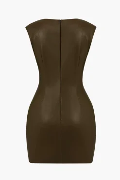 Ruched Faux Leather V-Neck Bodycon Mini Dress
