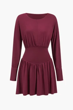 Ruched Long Sleeve Retro Mini Dress