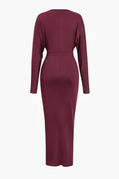 Ruched Long Sleeve V-Neck Maxi Dress
