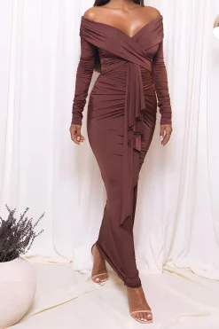 Ruched Off Shoulder Drape Detail Maxi Dress
