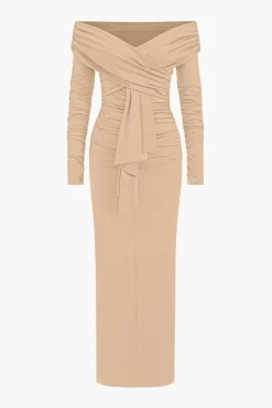 Ruched Off Shoulder Drape Detail Maxi Dress