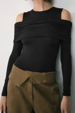 Ruched Off Shoulder Long Sleeve Bodysuit