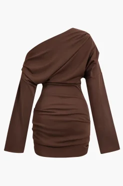 Ruched One Shoulder Long Sleeve Mini Dress
