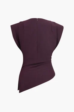 Ruched Padded Shoulders Asymmetrical Short Sleeve T-Shirt