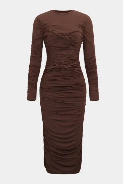 Ruched Round Neck Long-Sleeve Midi Dress