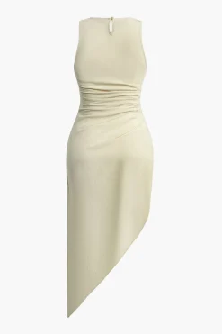 Ruched Sleeveless Asymmetric Hem Midi Dress