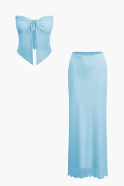 Ruched Sleeveless Double-Layered Mesh Split Strapless Top And Maxi Skirt Set