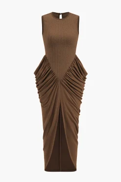 Ruched Sleeveless Round Neck Slit Maxi Dress