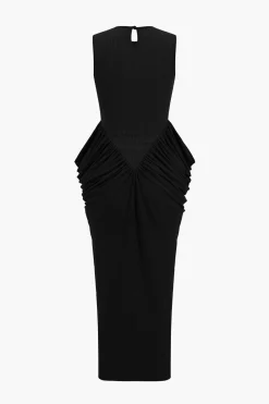 Ruched Sleeveless Round Neck Slit Maxi Dress