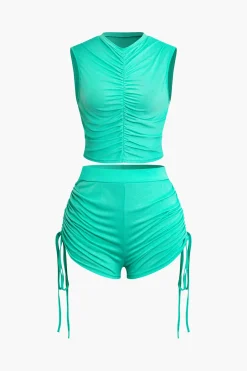Ruched Sleeveless Top and Drawstring Shorts Set