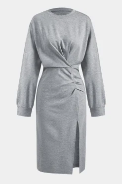 Ruched Slit Round Neck Long Sleeve Midi Dress