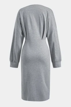 Ruched Slit Round Neck Long Sleeve Midi Dress